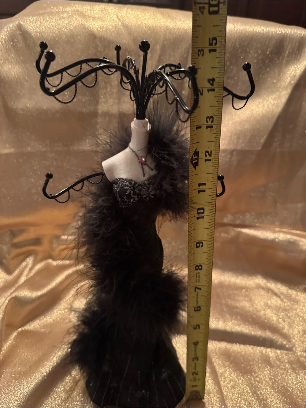 Elegant Black Feathered Dress Jewelry Stand